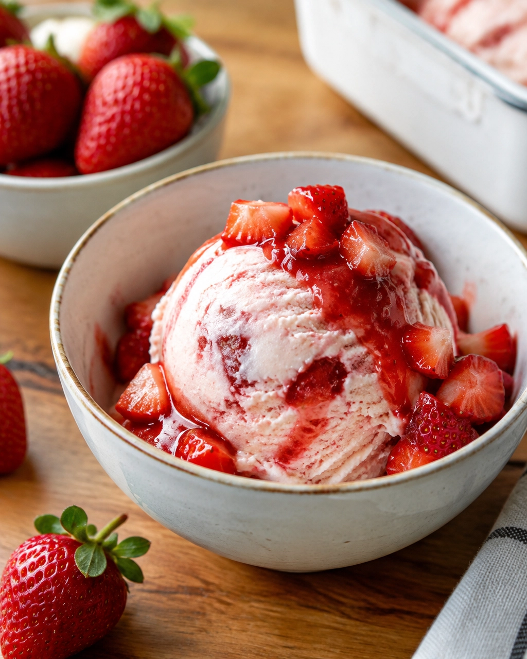 Finished homemade strawberry ice cream with strawberry swirl and fresh berries
