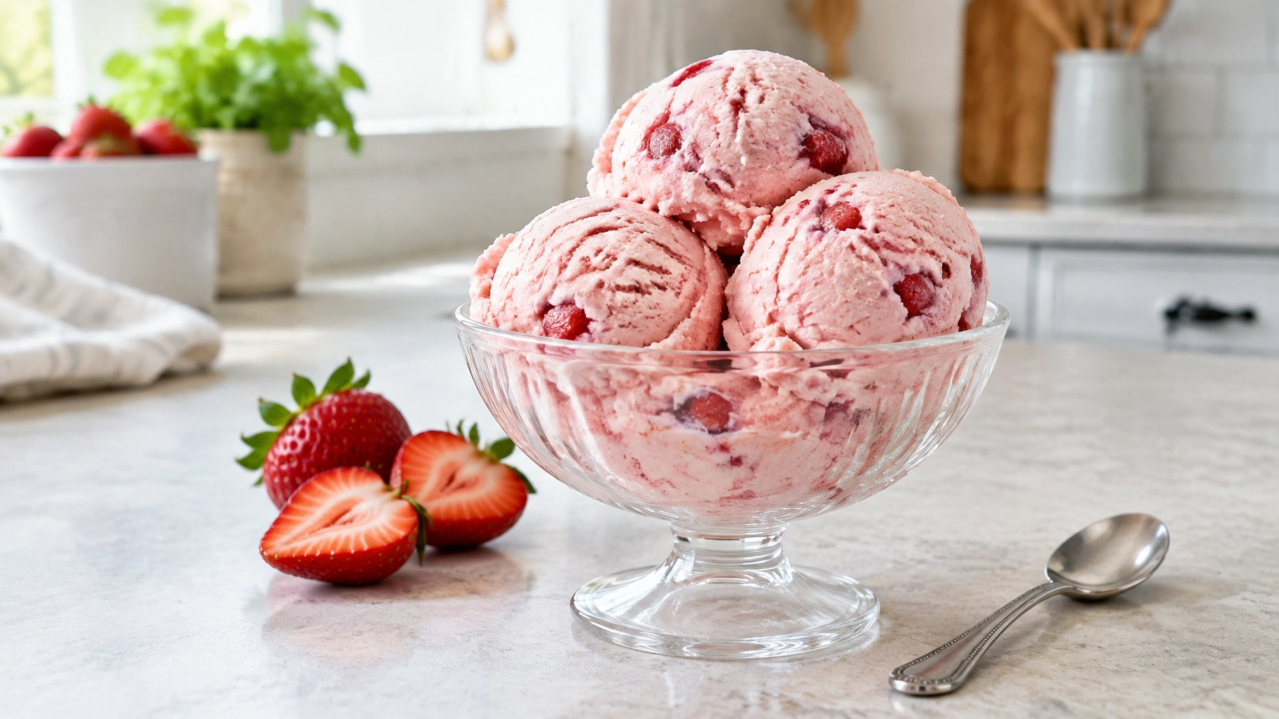 Homemade no-churn strawberry ice cream served in a glass bowl with fresh strawberries
