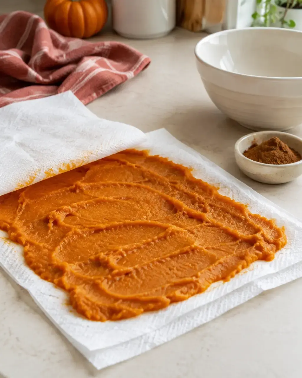 Pumpkin puree being blotted between paper towels on a cream countertop