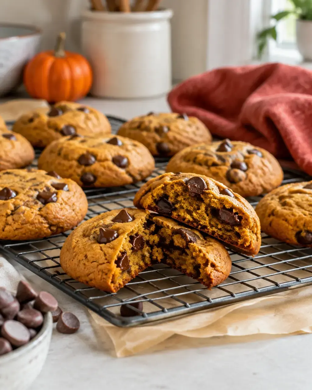 Freshly baked soft pumpkin chocolate chip cookies cooling on a wire rack
