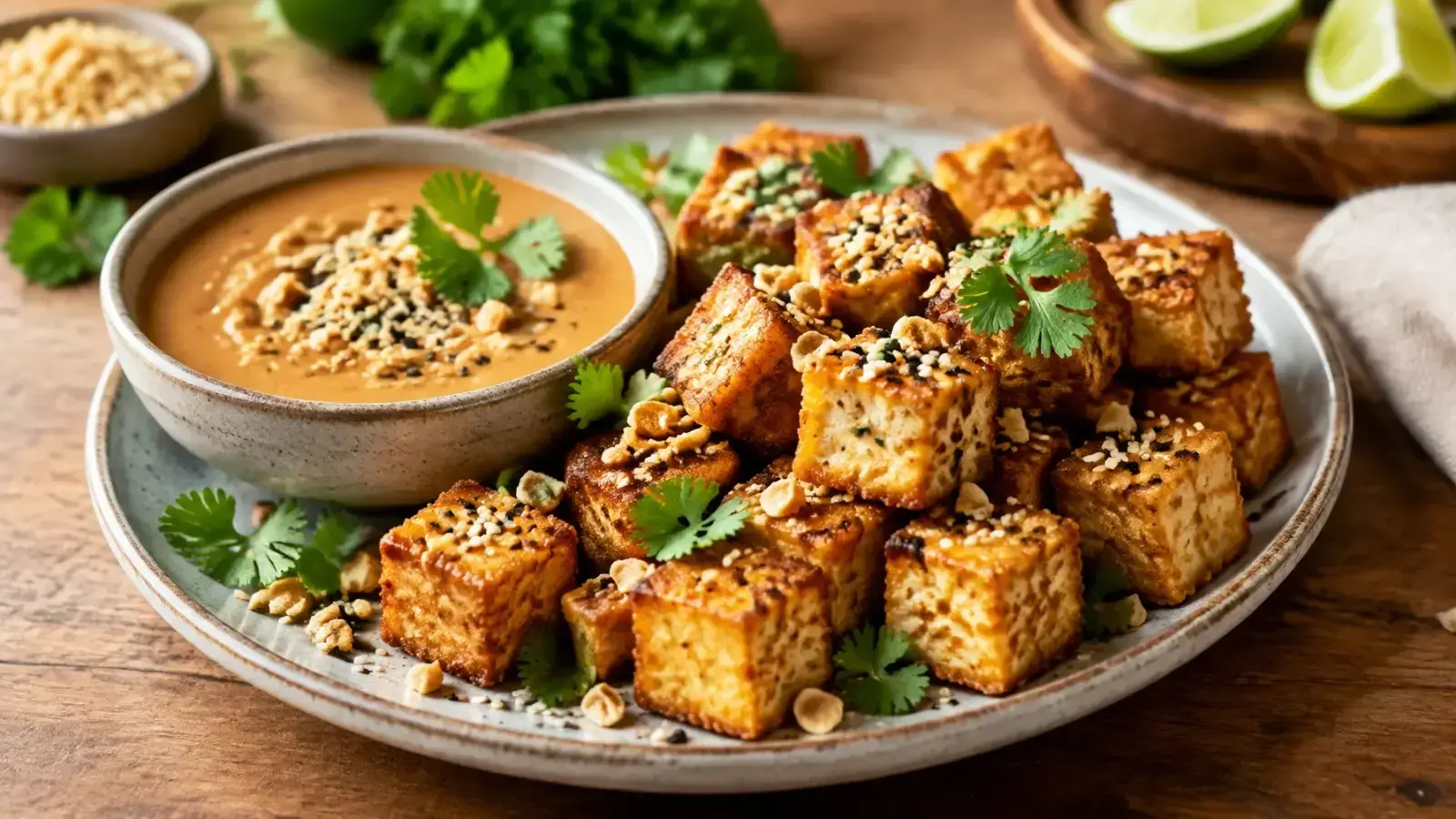 Air Fryer Crispy Tofu with Peanut Sauce