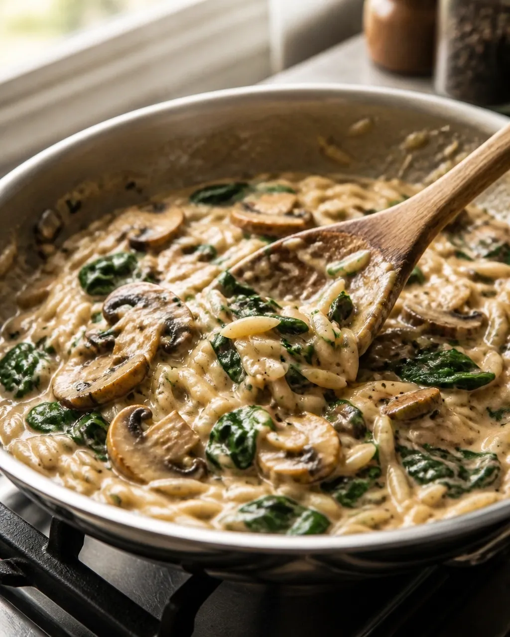 A wooden spoon folding fresh spinach into creamy mushroom orzo