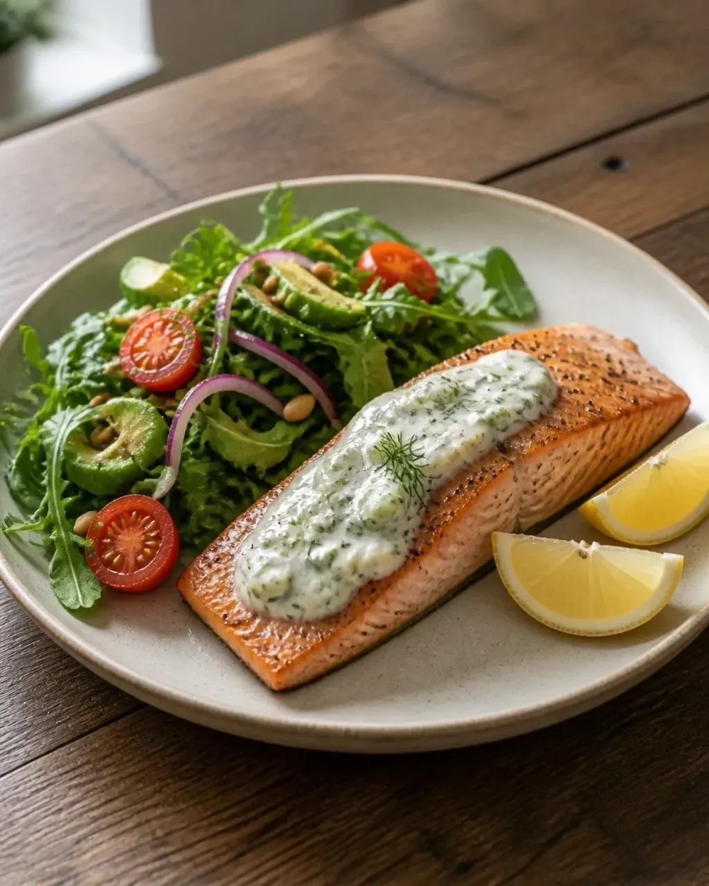 Baked salmon with cucumber dill sauce served alongside a crisp green salad