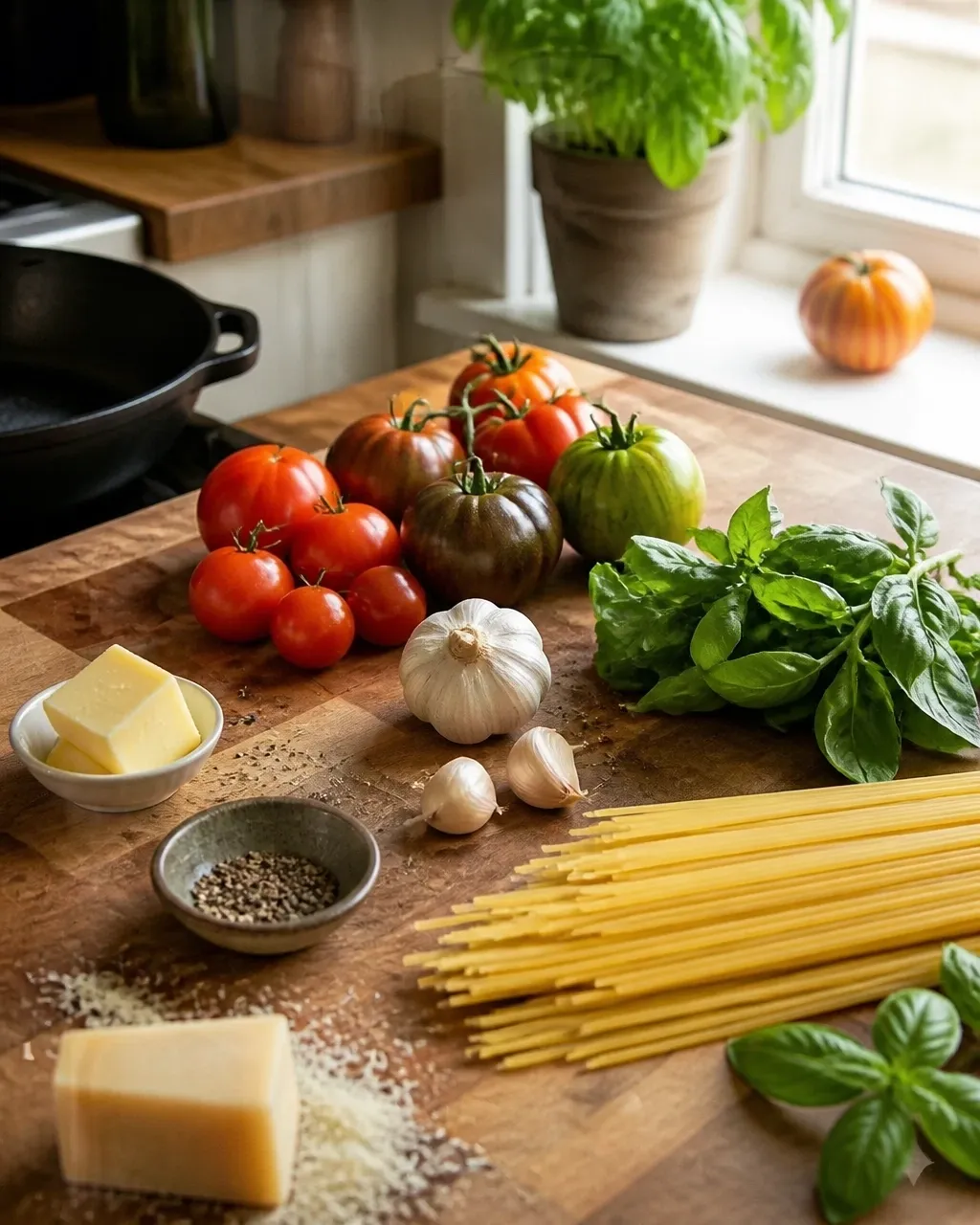 Garlic, tomatoes, basil, spaghetti, and butter arranged on a home kitchen counter