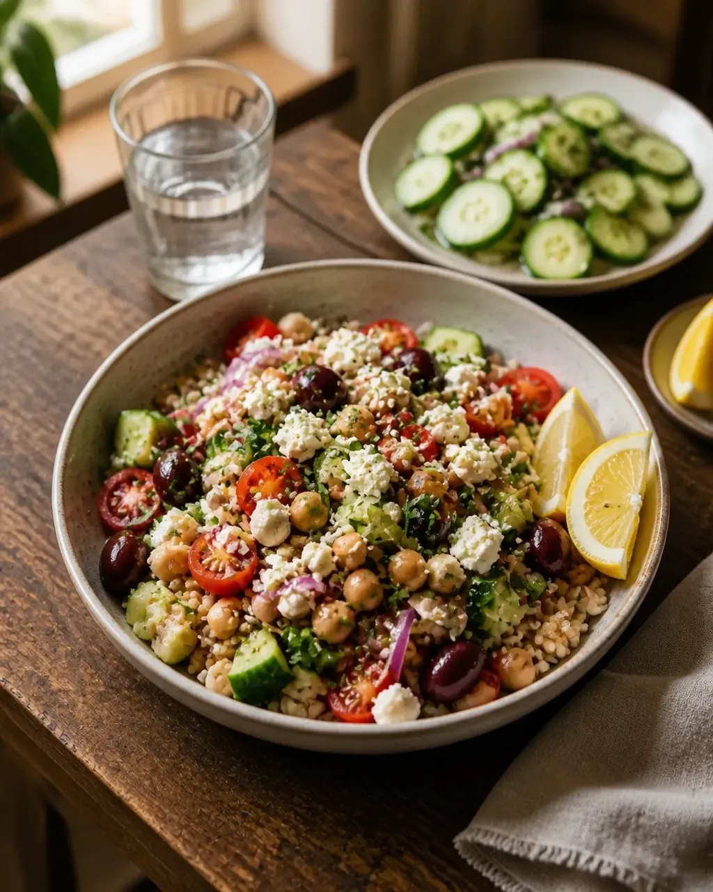 Meal-prep portions of whole grains, chickpeas, chopped vegetables, feta, herbs, and lemon dressing arranged on a home kitchen counter