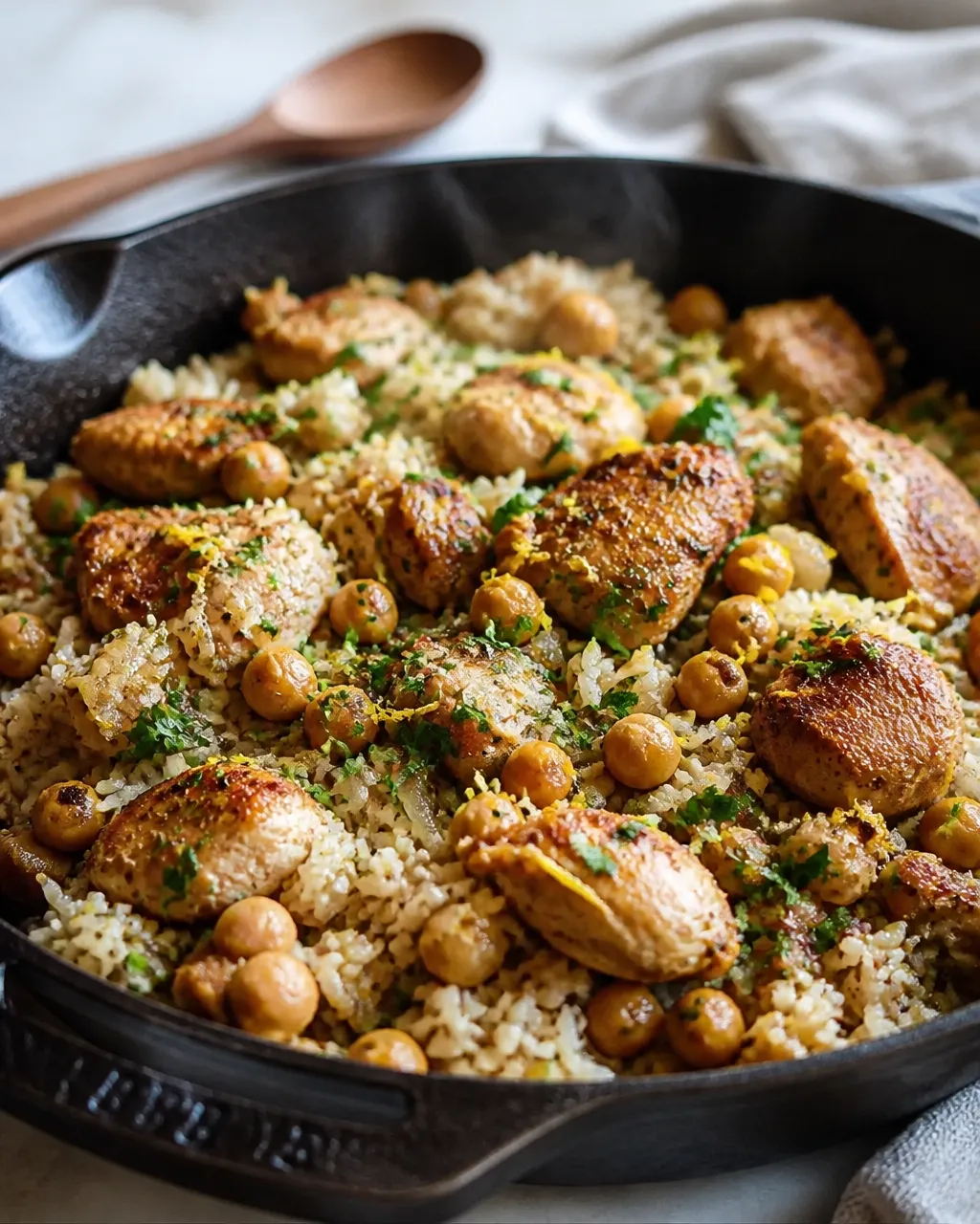 Close view of browned chicken, chickpeas, lemon rice, and herbs in a cast-iron skillet