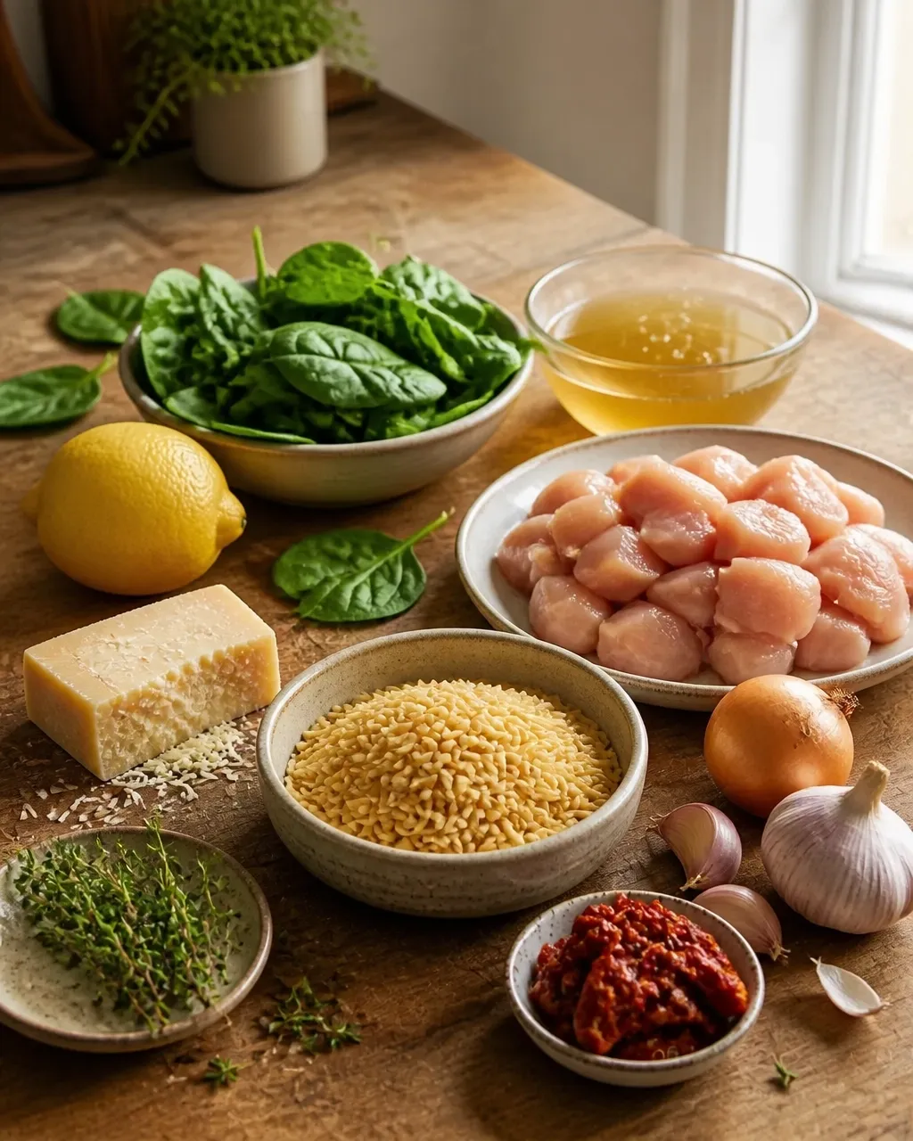 Creamy sun-dried tomato chicken orzo in a ceramic bowl with spinach and Parmesan