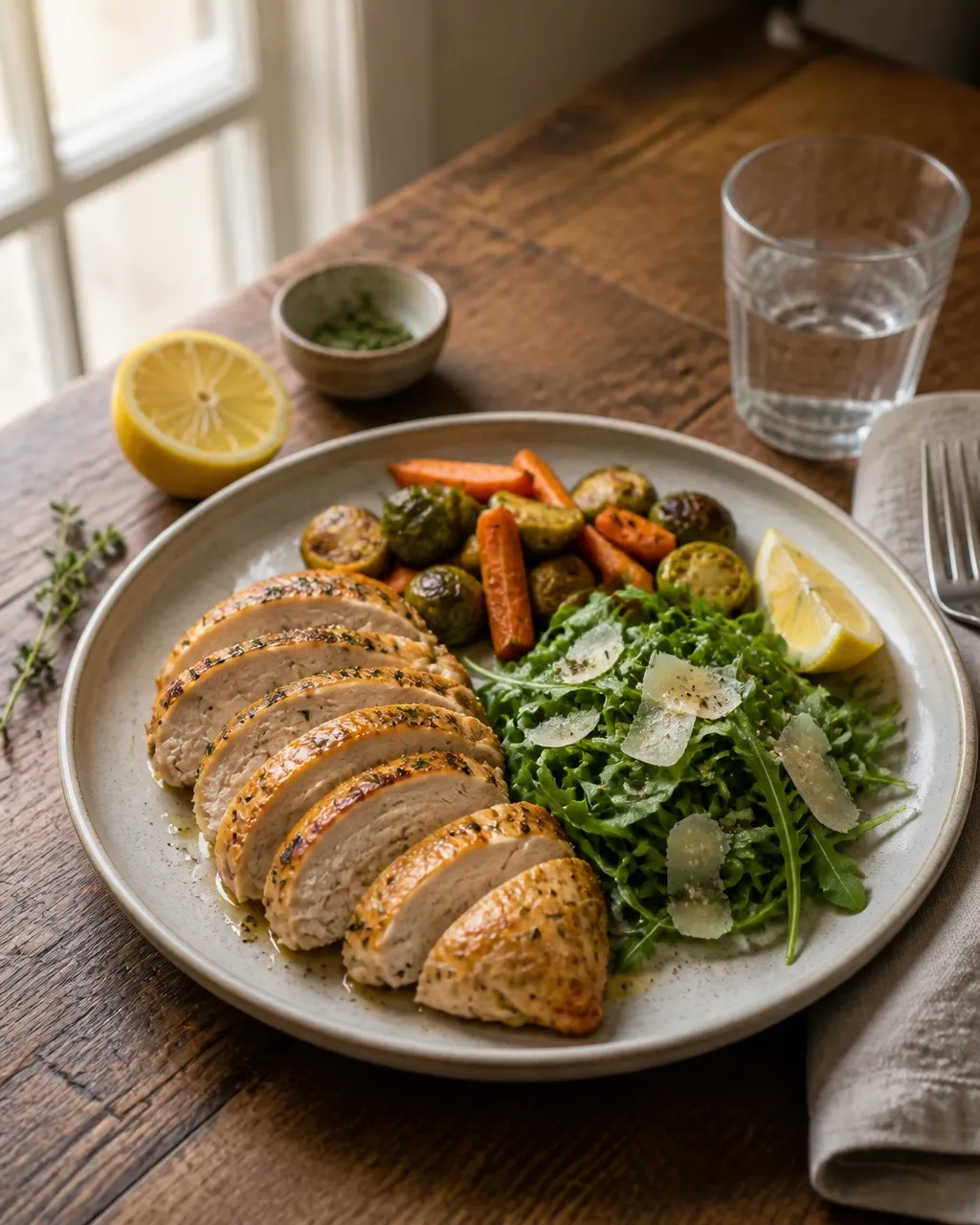 Baked lemon herb chicken breasts in a baking dish with roasted lemon slices, herbs, and natural pan juices