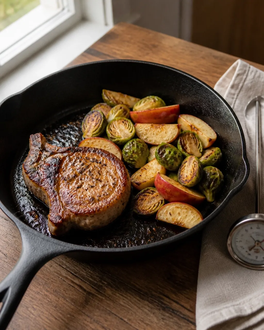 A browned pork chop resting with roasted Brussels sprouts and apples in a cast-iron skillet