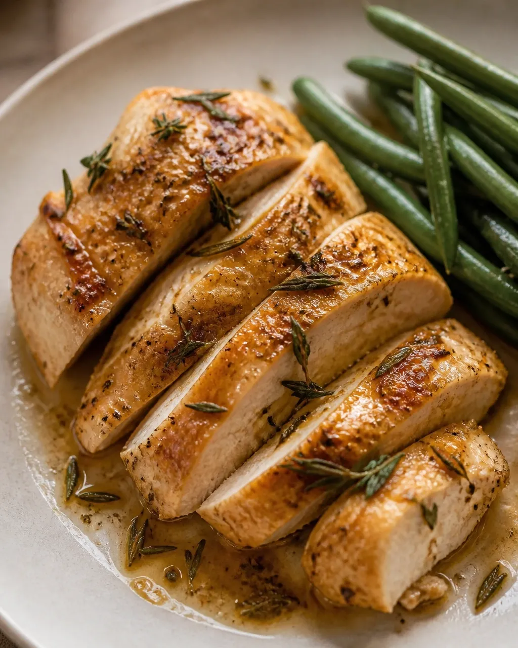 Sliced baked lemon herb chicken breast served with arugula and roasted vegetables on a simple ceramic plate