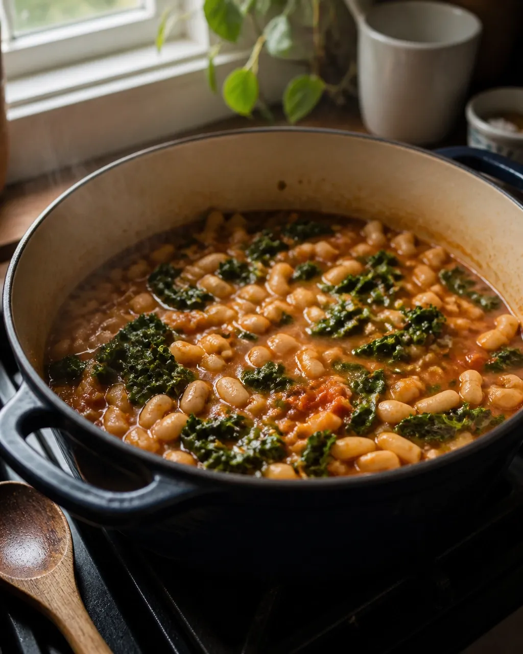 Tuscan white bean and kale pasta gently simmering in a Dutch oven with visible steam and a starchy tomato broth