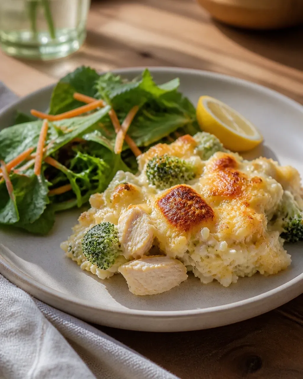 A serving of cheesy broccoli and chicken rice casserole with browned cheese