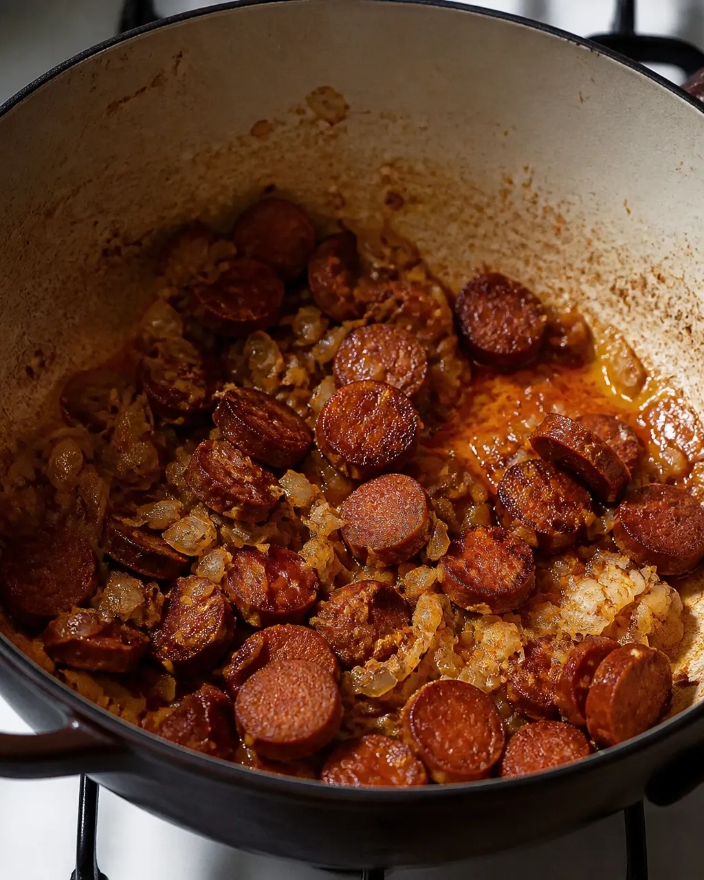 Chorizo browning with aromatics in a Dutch oven