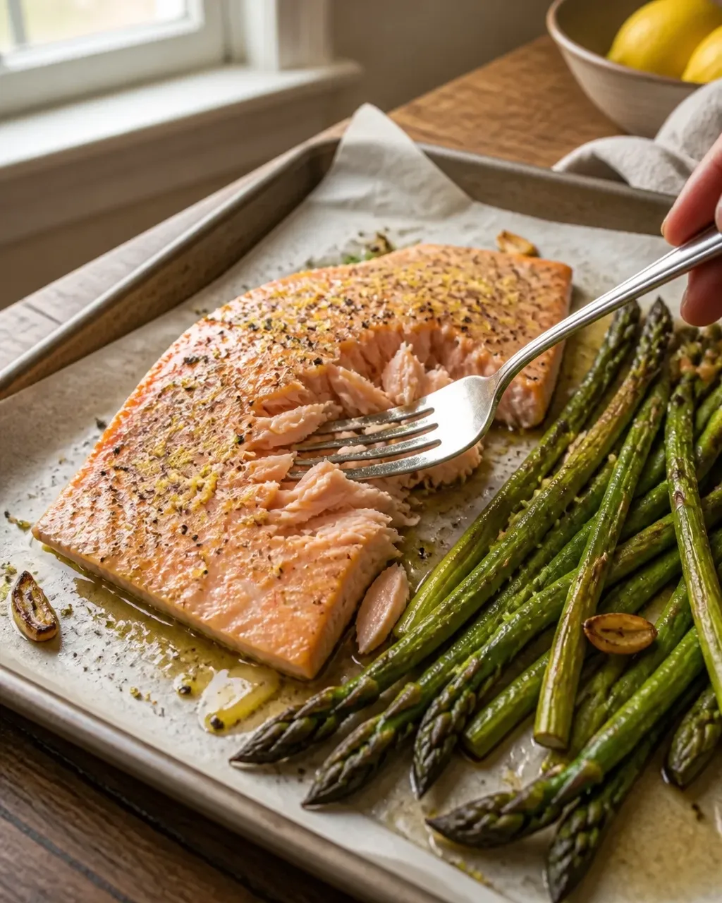 Flaky baked salmon with asparagus and garlic butter