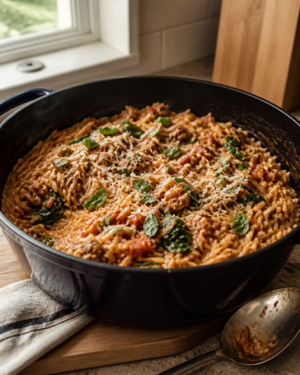 Creamy turkey orzo finishing in a dark Dutch oven
