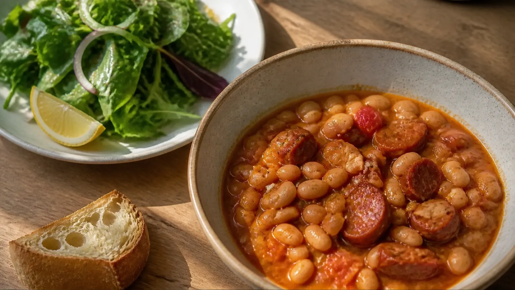 Spanish chorizo and white bean stew served with salad and crusty bread