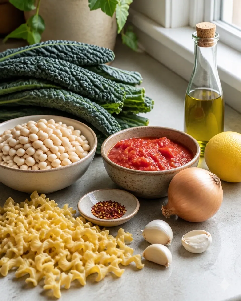 Raw cannellini beans, lacinato kale, dry pasta, garlic, onion, tomatoes, lemon, and seasonings arranged on a home kitchen counter
