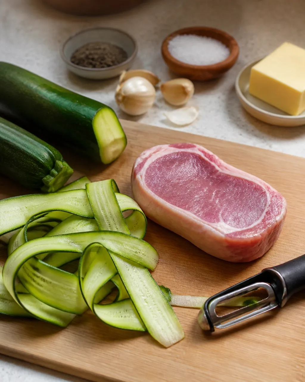 Raw pork chop, zucchini ribbons, garlic, butter, and a vegetable peeler on a home kitchen counter
