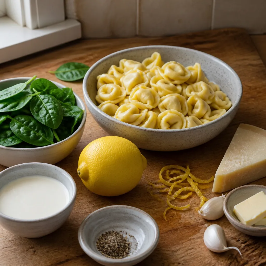 Fresh tortellini, spinach, lemon, Parmesan, cream, garlic, and butter arranged on a home kitchen counter
