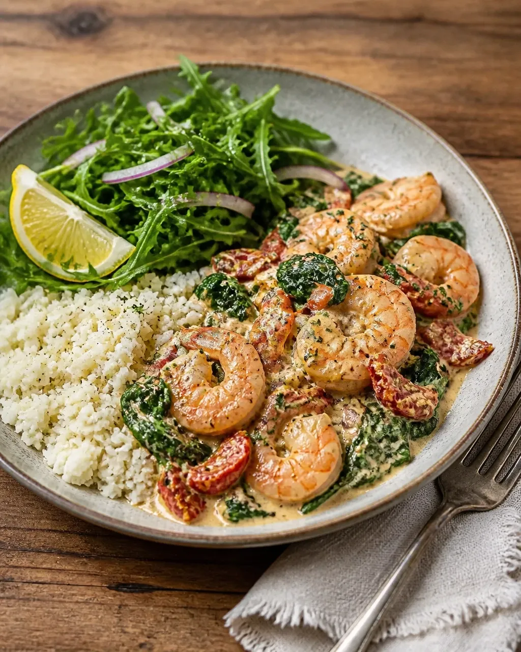 Creamy Tuscan shrimp served with cauliflower rice and a simple arugula salad