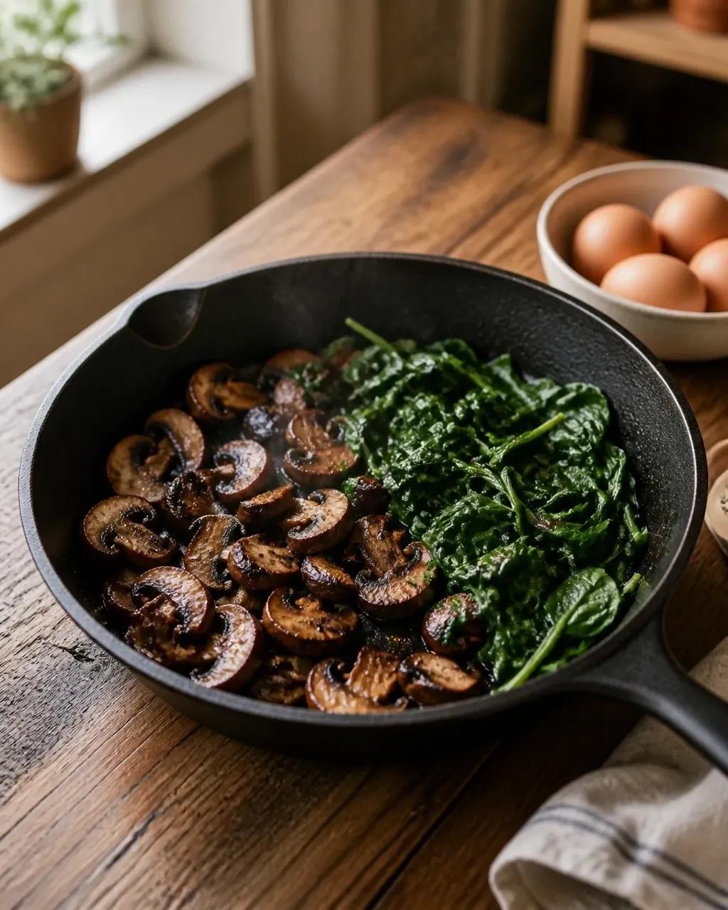 Browned mushrooms and fresh spinach in a rustic skillet with soft daylight and gentle steam