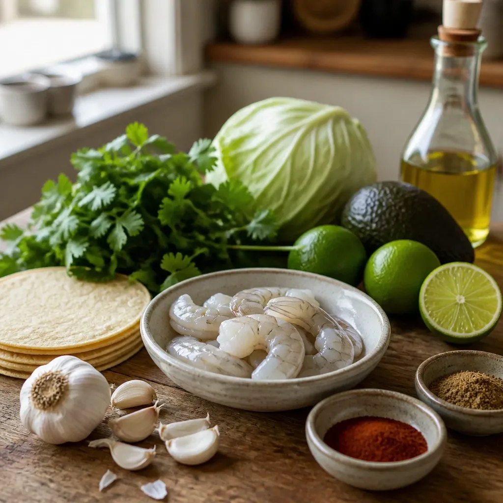 Peeled raw shrimp, limes, garlic, tortillas, cabbage, cilantro, avocado, and spices arranged casually on a home kitchen counter