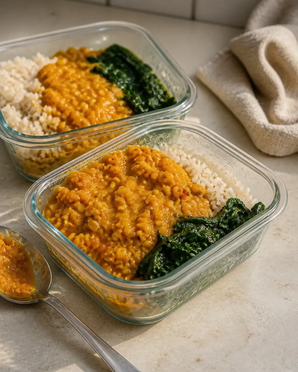 Red lentil coconut curry portioned for meal prep with rice and greens