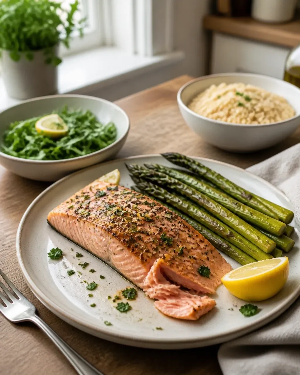 Plated lemon herb salmon with asparagus, lemon wedge, arugula salad, and quinoa