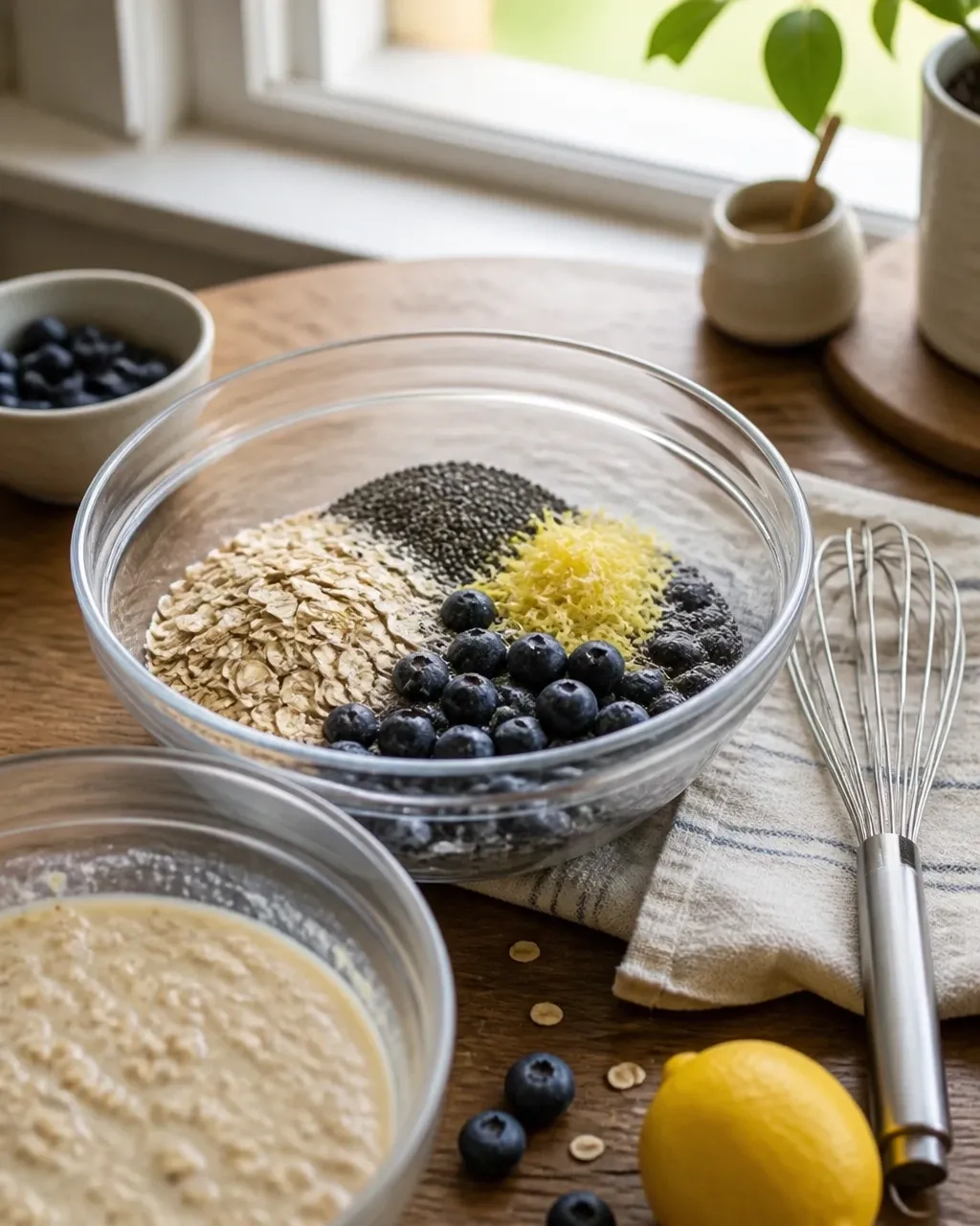 Rolled oats, chia seeds, blueberries, and lemon prepared for a baked breakfast