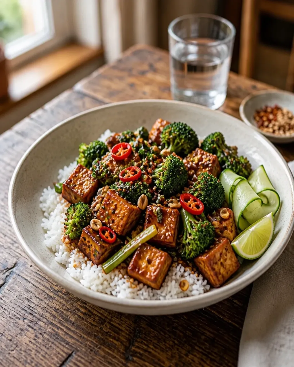 Spicy peanut tofu and broccoli stir-fry served over rice with cucumber ribbons and lime