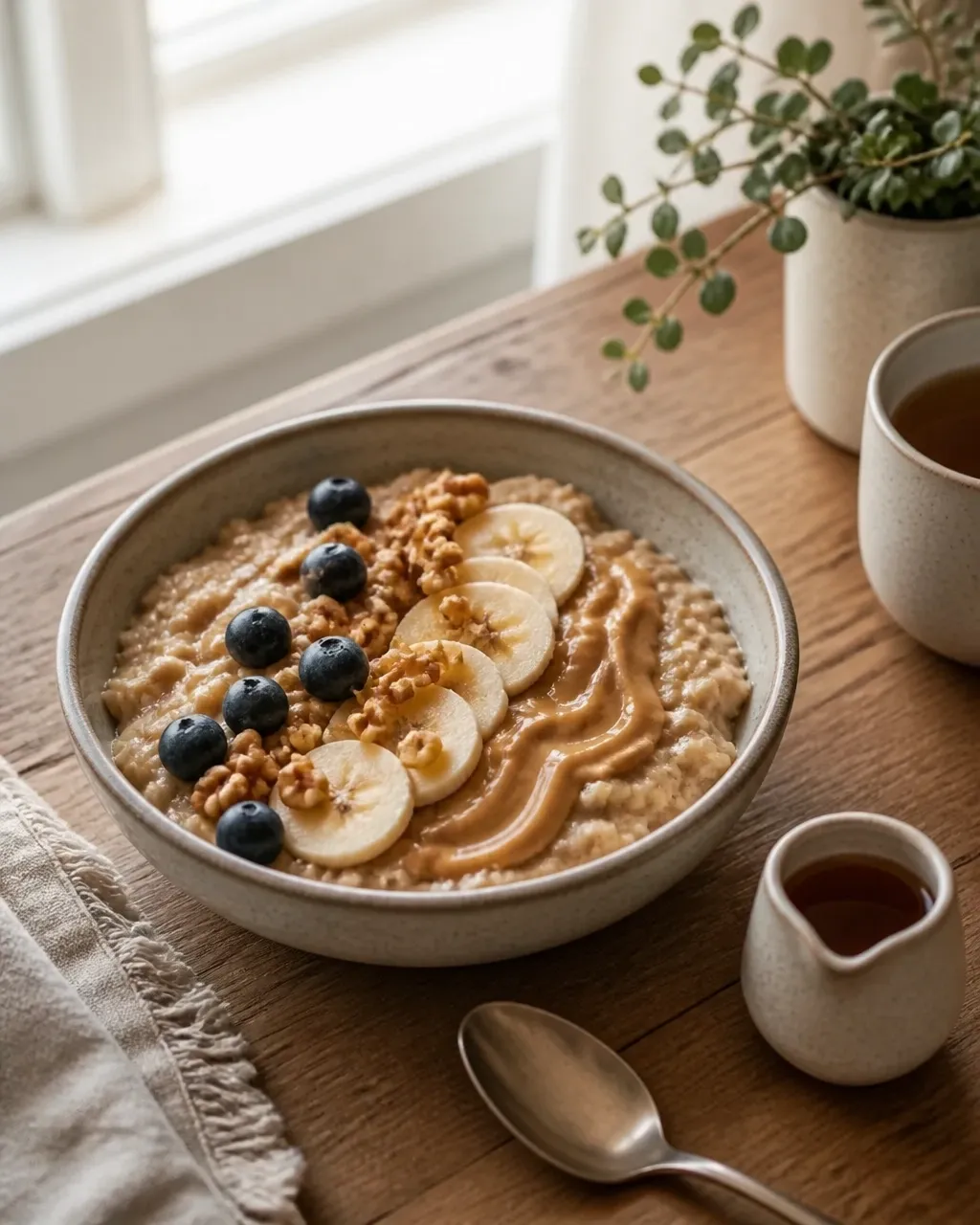 Finished banana peanut butter oatmeal with blueberries, walnuts, banana slices, and a light maple drizzle
