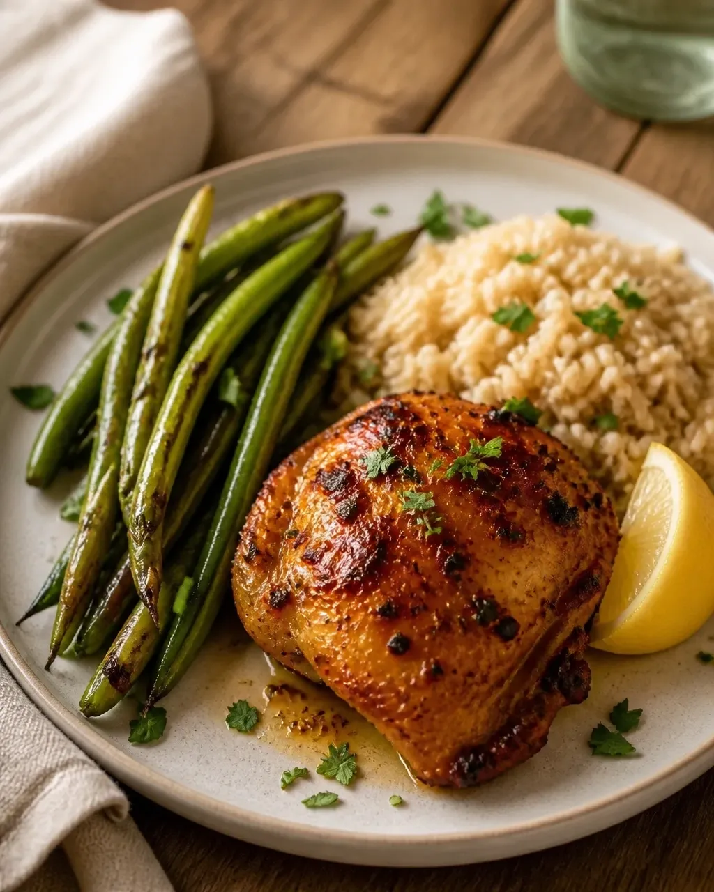 Crispy honey mustard chicken thigh served with roasted green beans, brown rice, lemon, and fresh herbs