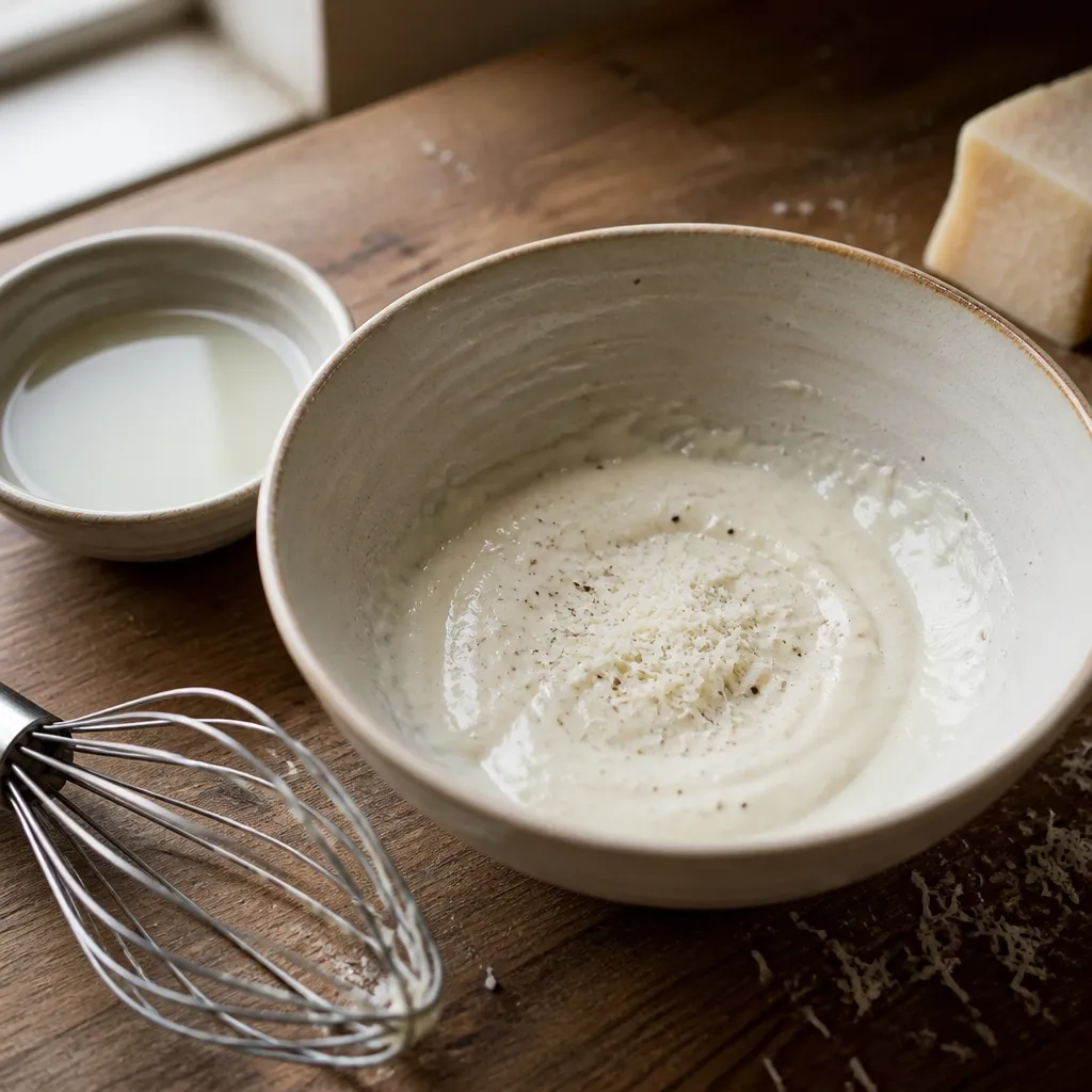 Finely grated Pecorino Romano whisked with warm pasta water into a smooth cheese paste