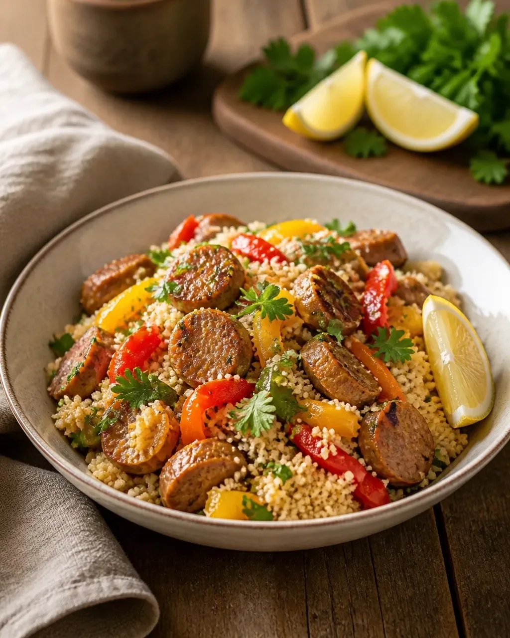 Finished chicken sausage and pepper couscous served in a shallow ceramic bowl with parsley and lemon