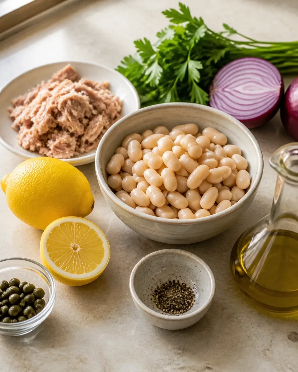 Rinsed cannellini beans, tuna, lemons, parsley, red onion, capers, olive oil, and black pepper arranged casually on a pale kitchen counter
