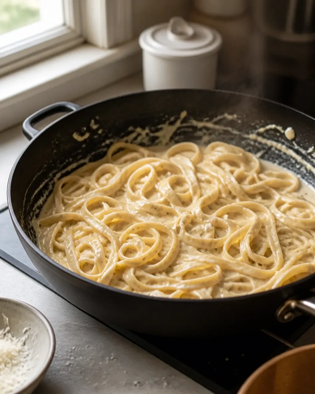 Hot fettuccine being tossed through a silky Parmesan sauce in a skillet