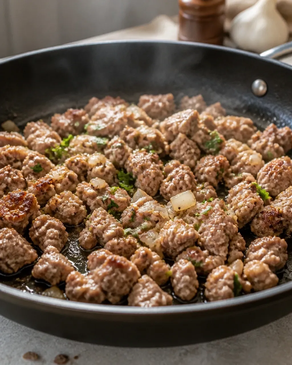 Ground turkey browning with garlic and herbs in a wide skillet