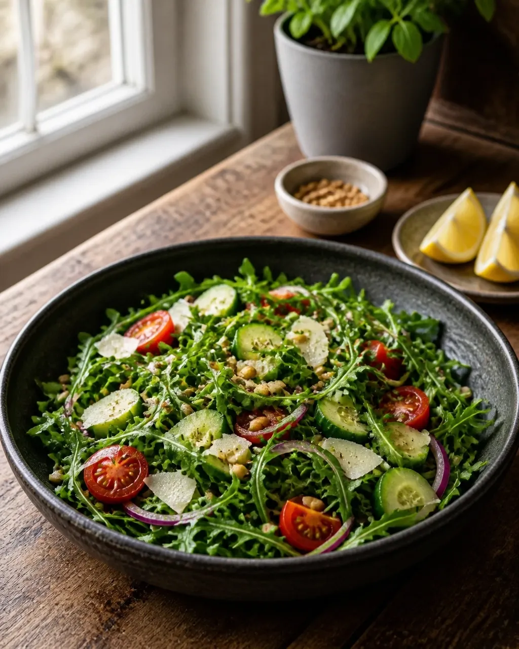 Fresh arugula salad with cucumber, tomatoes, red onion, parmesan, and pine nuts