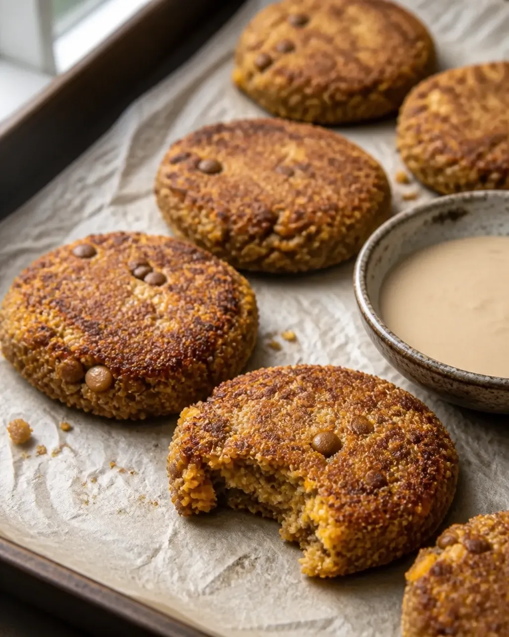 Rustic lentil and quinoa patties cooling on a baking tray
