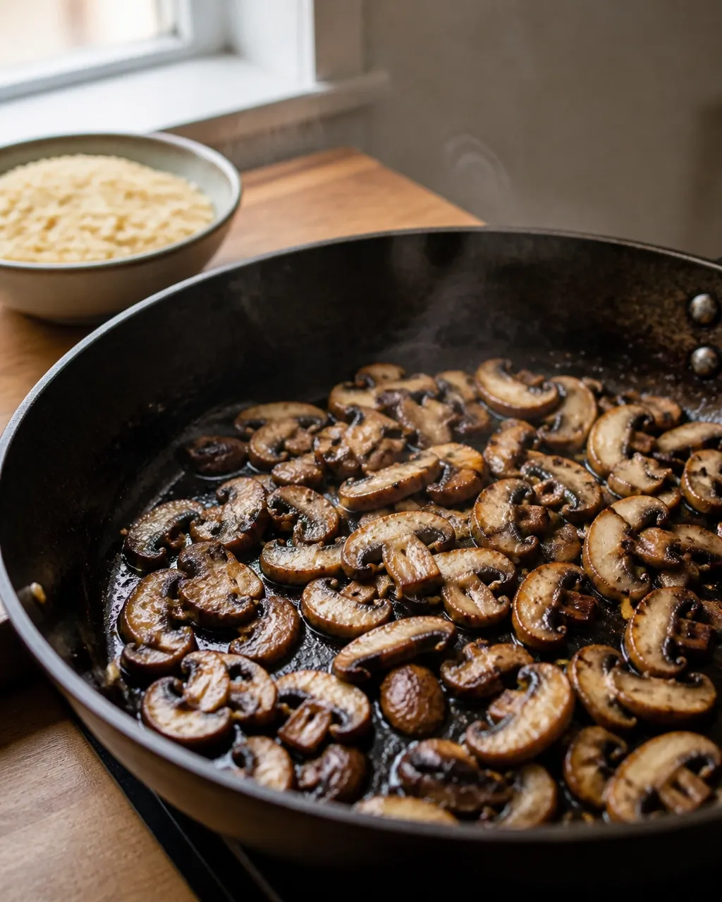 Mushrooms browning in a wide skillet with golden edges and gentle steam