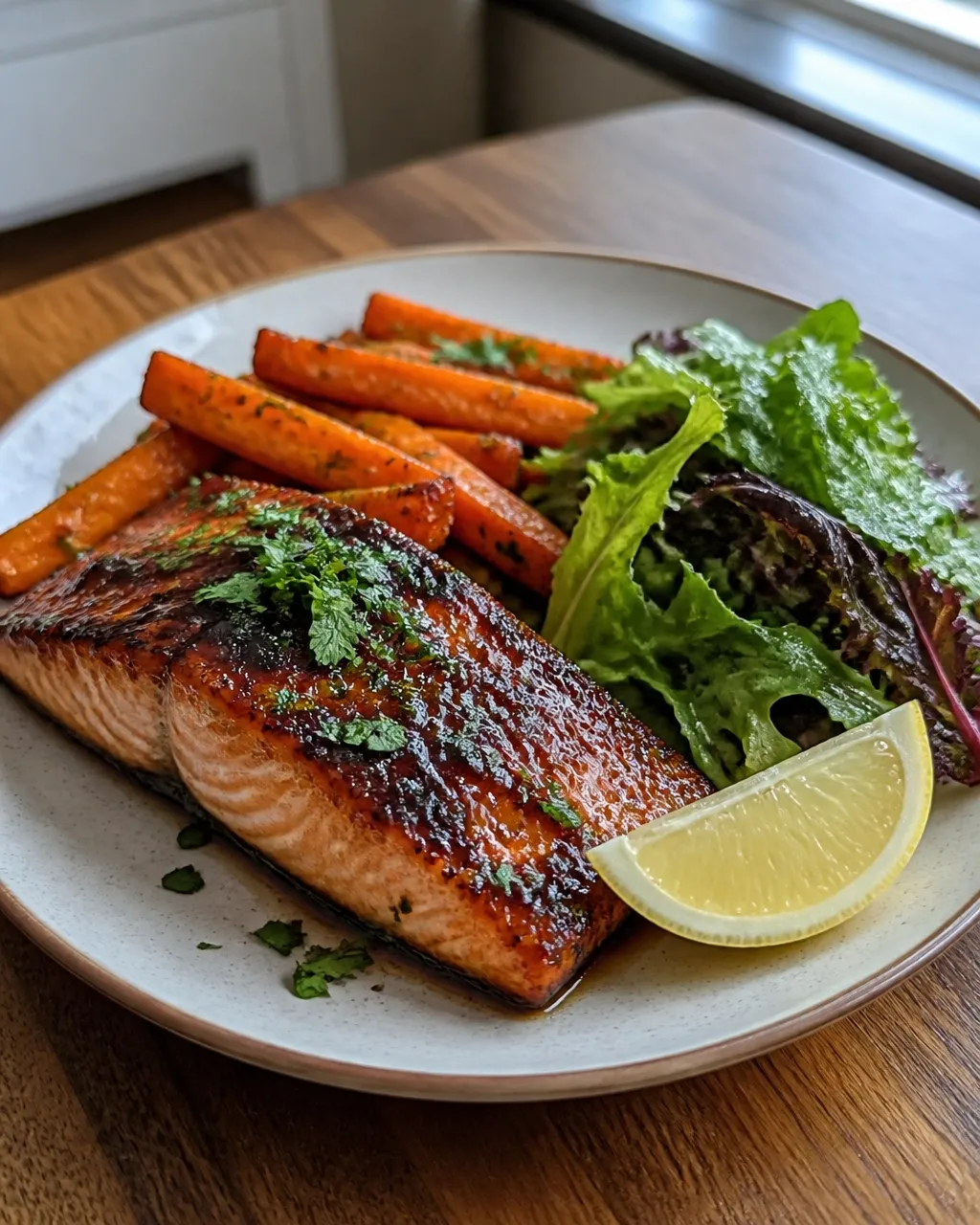 Plated balsamic glazed salmon with roasted carrots and a simple green salad