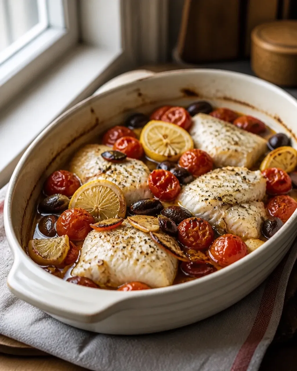Close view of baked cod with blistered tomatoes, olives, lemon, and a loose pan sauce