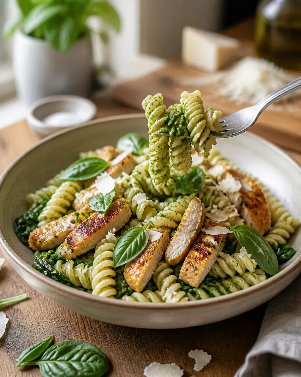 A close three-quarter view of spinach pesto chicken rotini being served, with green pesto clinging to the spirals and chicken visible in the bowl