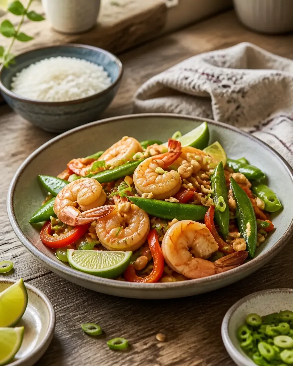 Finished ginger lime shrimp and sugar snap pea stir-fry served family-style