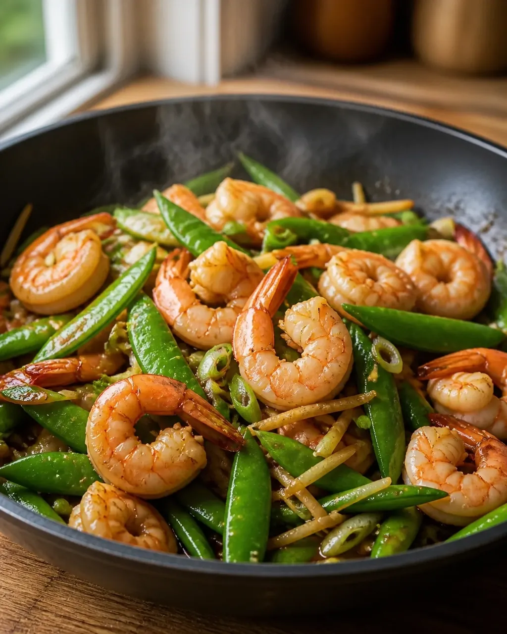 Sesame ginger shrimp and snap peas cooking together in a skillet