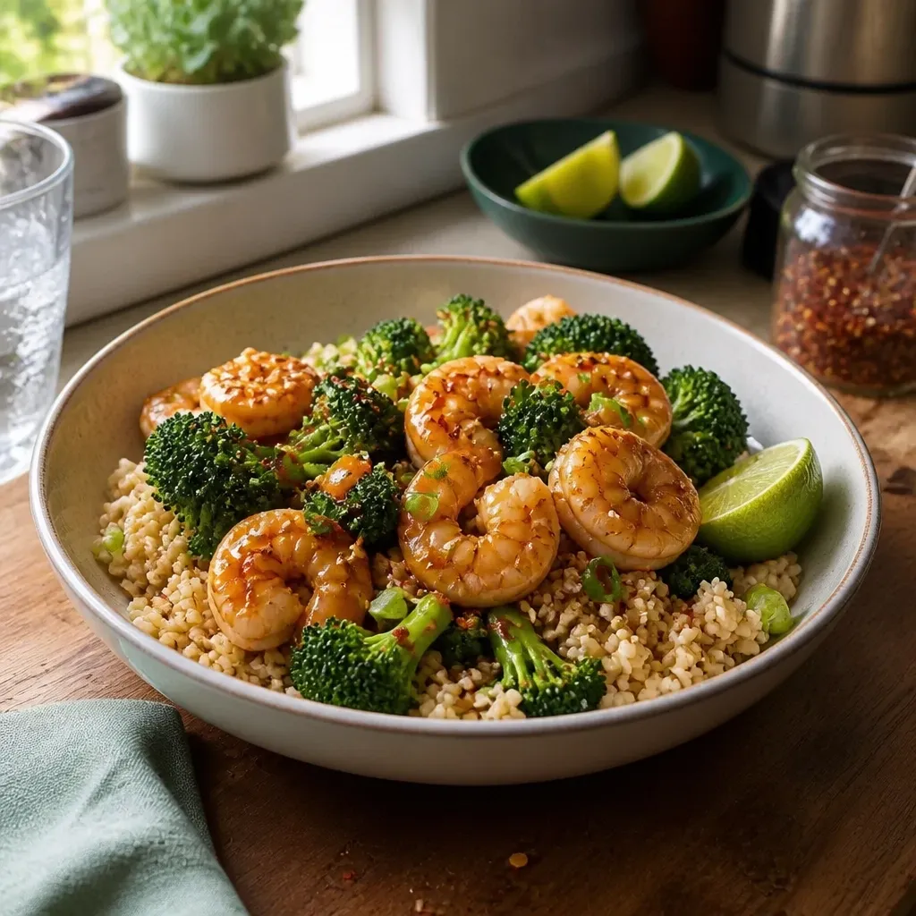 Honey sesame shrimp and broccoli served over brown rice with lime wedges and chili flakes