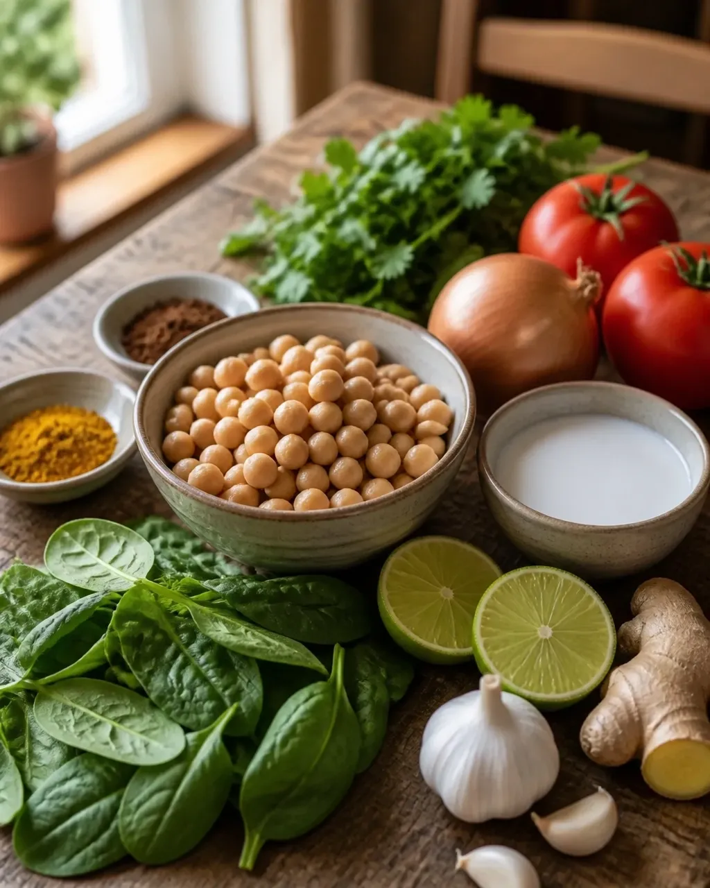Fresh ingredients for coconut chickpea curry arranged on a wooden kitchen counter