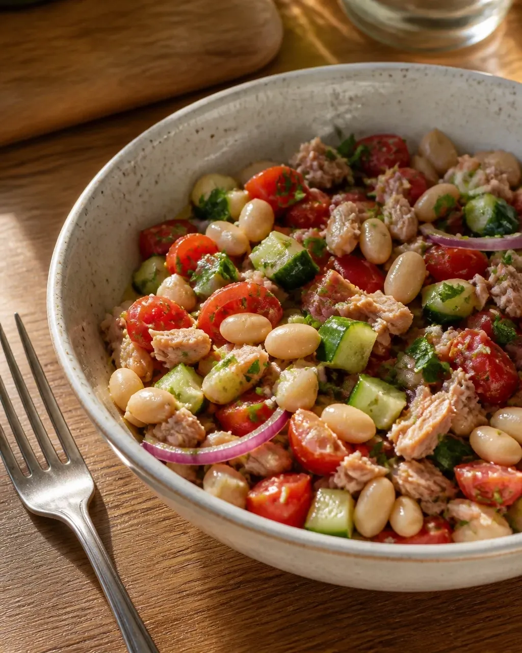 Mediterranean tuna and white bean filling in a bowl with lemon and herbs