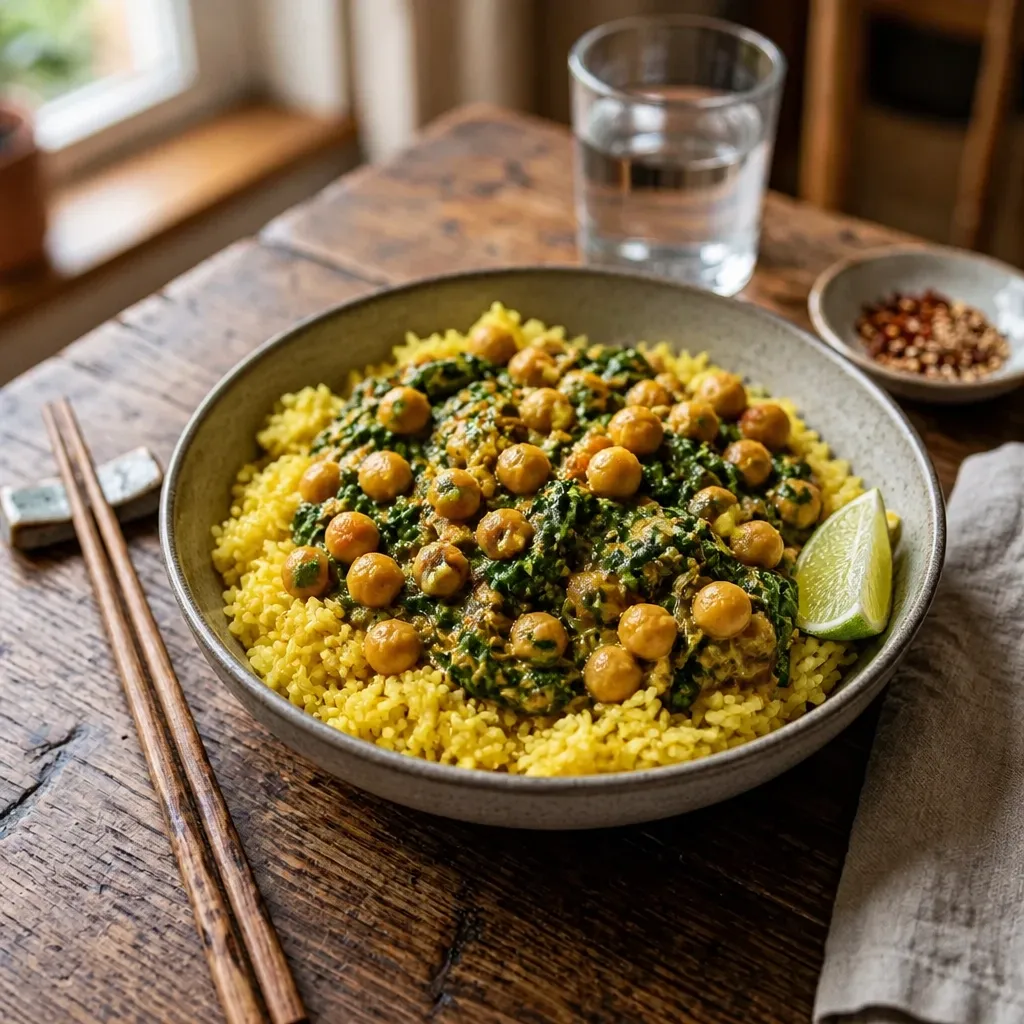 Coconut chickpea and spinach curry spooned over fluffy turmeric rice with a lime wedge