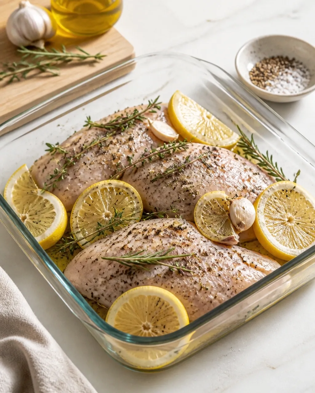 Raw chicken breasts with lemons, garlic, rosemary, thyme, olive oil, salt, and pepper ready for baking